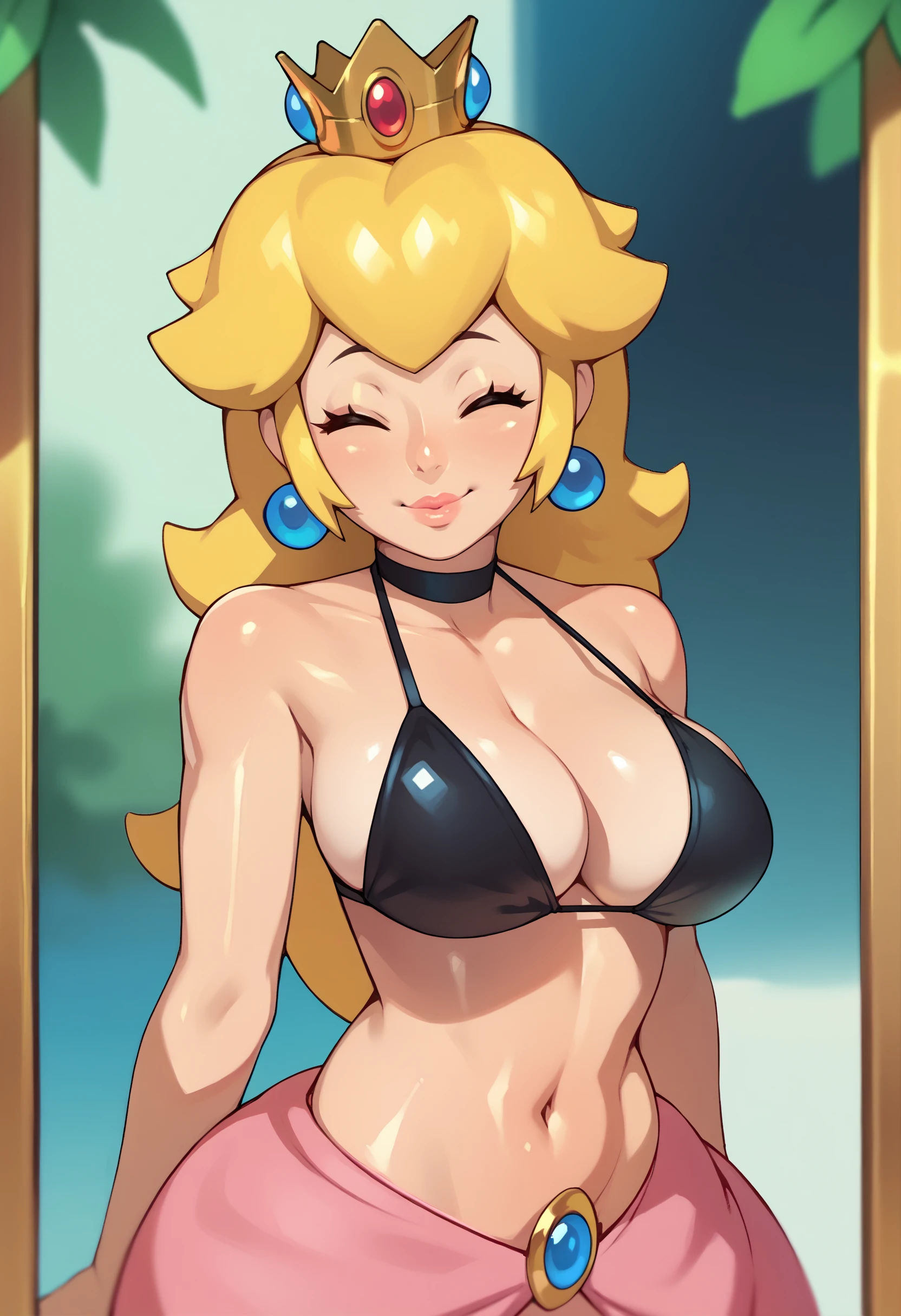 score_9, score_7_up, <lora:combos-n-doodles-guy-PONY-DORAv1:1>, 1girl, solo, princess peach, black bikini, large breasts, cleavage, presenting, looking at viewer, depth of field, princess peach, black choker, closed eyes, happy, head tilt, bare shoulders, midriff, shiny skin