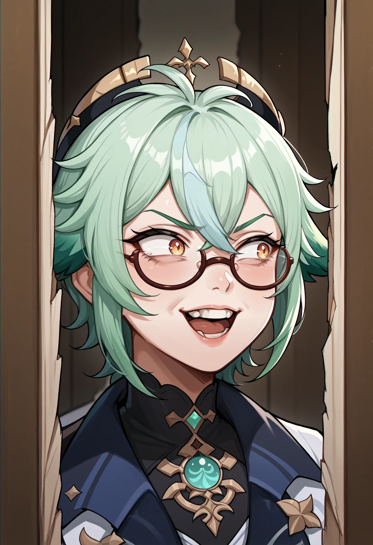 score_9, score_8_up,score_7_up, source_anime, 1girl, solo, hrsjhy,  open mouth, clenched teeth, evil grin, broken door, door, looking to the side, portrait, 
sucrose_\(genshin_impact\), green hair, glasses,
<lora:hrsjhy_pdxl_EliPot:1>