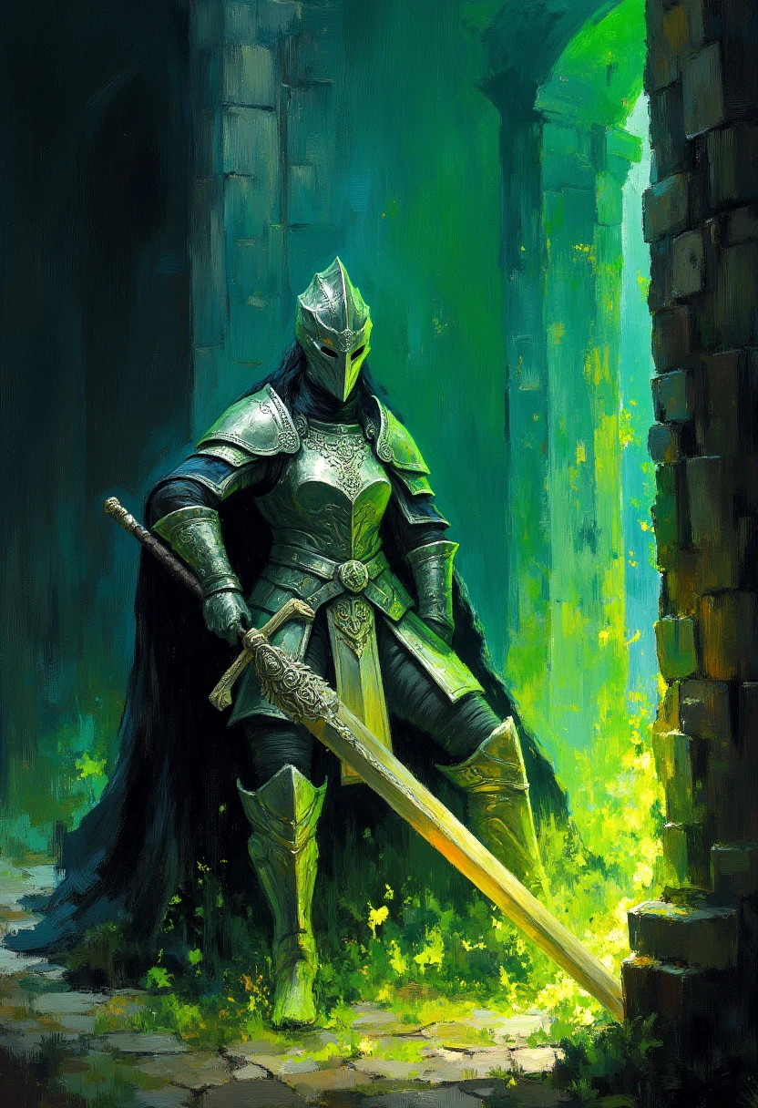 The silver paladin drags her massive broadsword with ornate etchings through the wall of green flames. Abstract magical painting. Painterly beautiful image with thick brush strokes. Atmospheric and intense.