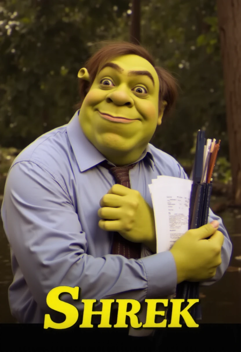 <lora:Too_Many_Cooks_FLUX:1>
This is a photograph featuring a man named Shrek, identified by the text "Shrek" in bold, yellow letters at the bottom of the image. Shrek is dressed in a light blue shirt and a dark tie, giving him a professional appearance. He holds a stack of papers and a folder in his hands, looking slightly bemused or surprised, with a slightly raised eyebrow and a gentle smile. The background appears to be a swamp.
