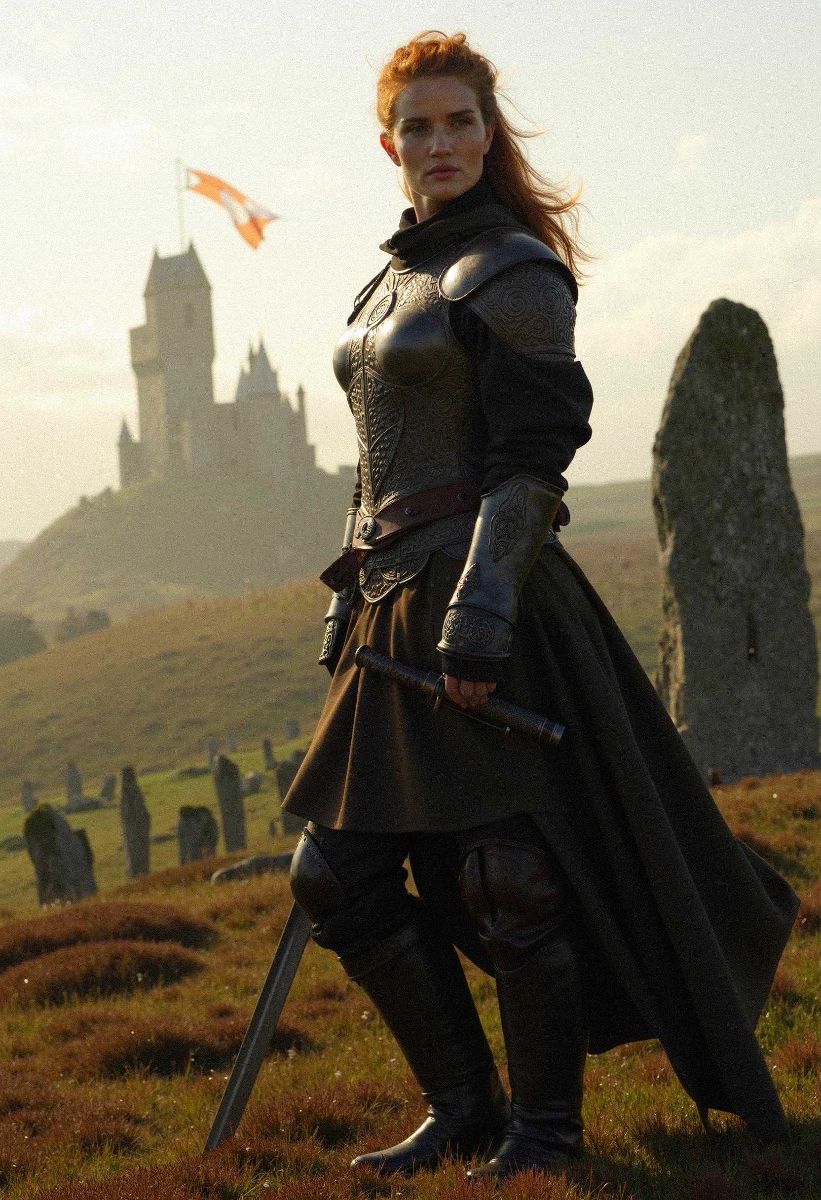 A woman warrior stands atop a windswept hill, her long cloak billowing in the breeze. She wears intricately crafted leather armor adorned with Celtic knots, a sword strapped to her hip. Her wild red hair frames a face marked by determination and wisdom beyond her years. Behind her, a sprawling castle pierces the misty horizon, its banners snapping in the wind. The late afternoon sun casts a golden glow across the landscape, illuminating the heather and ancient standing stones that dot the countryside. It's a full-body shot capturing her strength and connection to the mystical land she protects.