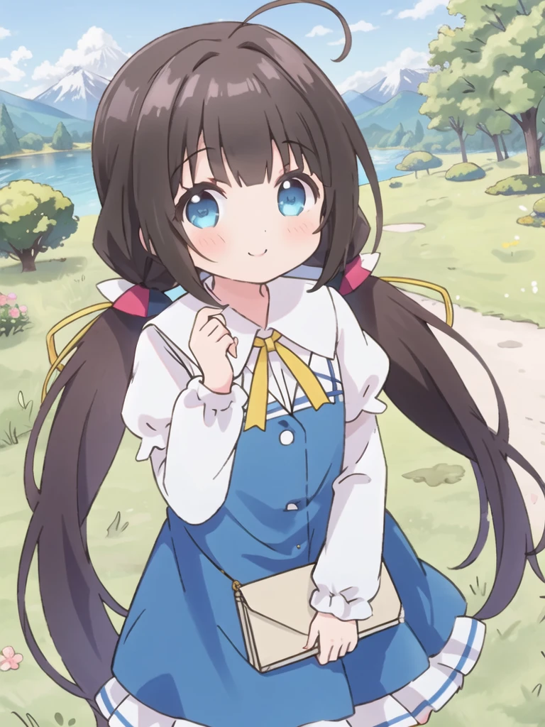 1girl,blue eyes,looking at viewer,black hair,hair ribbon,hinatsuru ai,indoors,looking at viewer,low twintails,school_uniform_dress,solo,white short over long sleeves,white sleeves,yellow ribbon,ahoge,park,grass,river,mountain,smile,<lora:Hizuru-lora-5.30-version4:0.55>,