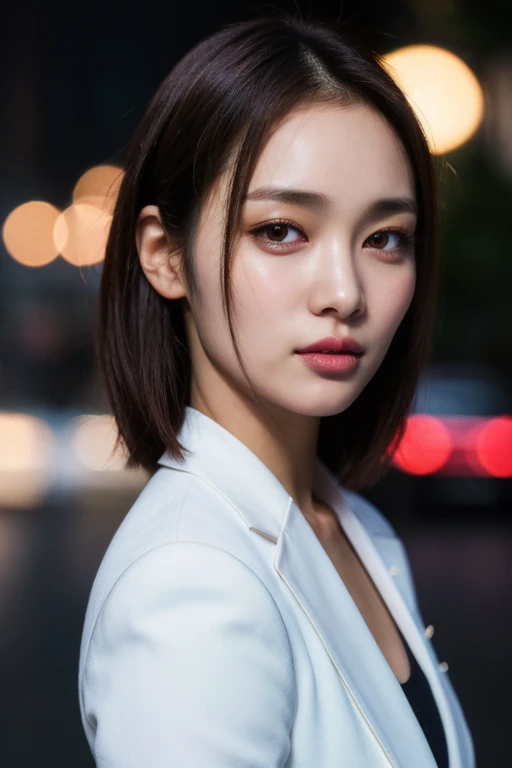 masterpiece, best quality, ultra-detailed, ultra high res, (photorealistic:1.4), raw photo, (realistic:0.2), 8k HDR, realistic lighting, 1girl, solo, (asian:0.2), asymmetrical hair, outdoor, night, (simple background:1.4), bokeh, (detailed lips), (detailed pores), (detailed skin textures), (detailed face:1.2), (upper body:1.2), a woman in a white suits, promotional image, a character portrait,