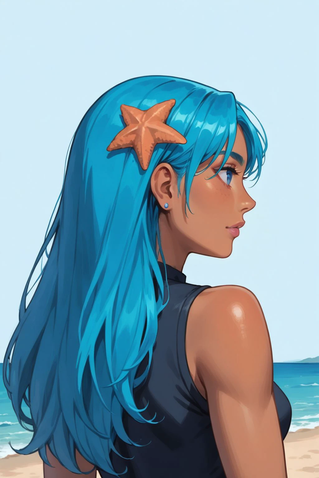 score_9, score_8_up, score_7_up, ((rating_safe)), masterpiece, high quality, highres RAW photo, ((upper body, upper body shot))
solo, a 1girl, 18 years old, andraiareboot, blue hair, long hair, starfish hair ornament, colored skin, orange skin, dark skin, blue eyes, ((wearing a white t-shirt)), <lora:AndrAIaReBoot:0.6>
(slender body, petite:1.2), eye contact, tiny waist, ((confident, arrogant, determined, happy, smile, smiling, wide smile, teeth)), (sitting, seated, sitting on a chair)
((futuristic science fiction: 1.8)) , ((simple background: 2.8))