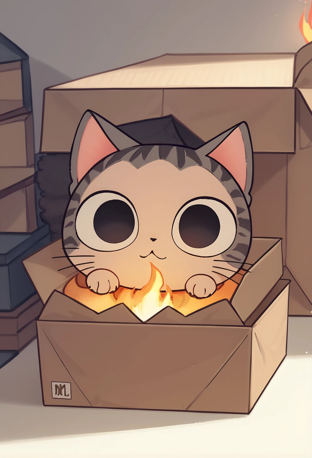 b0xe,in box,chibi,cardboard box, 
score_9, score_7_up,
 comfy, 
ChiYamada, cat, black eyes, no humans,indoors, fireplace, 
 <lora:chibi_box_b0xe_v2.1:0.9>   <lora:CHAR-ChiYamadaPonyXL:1>