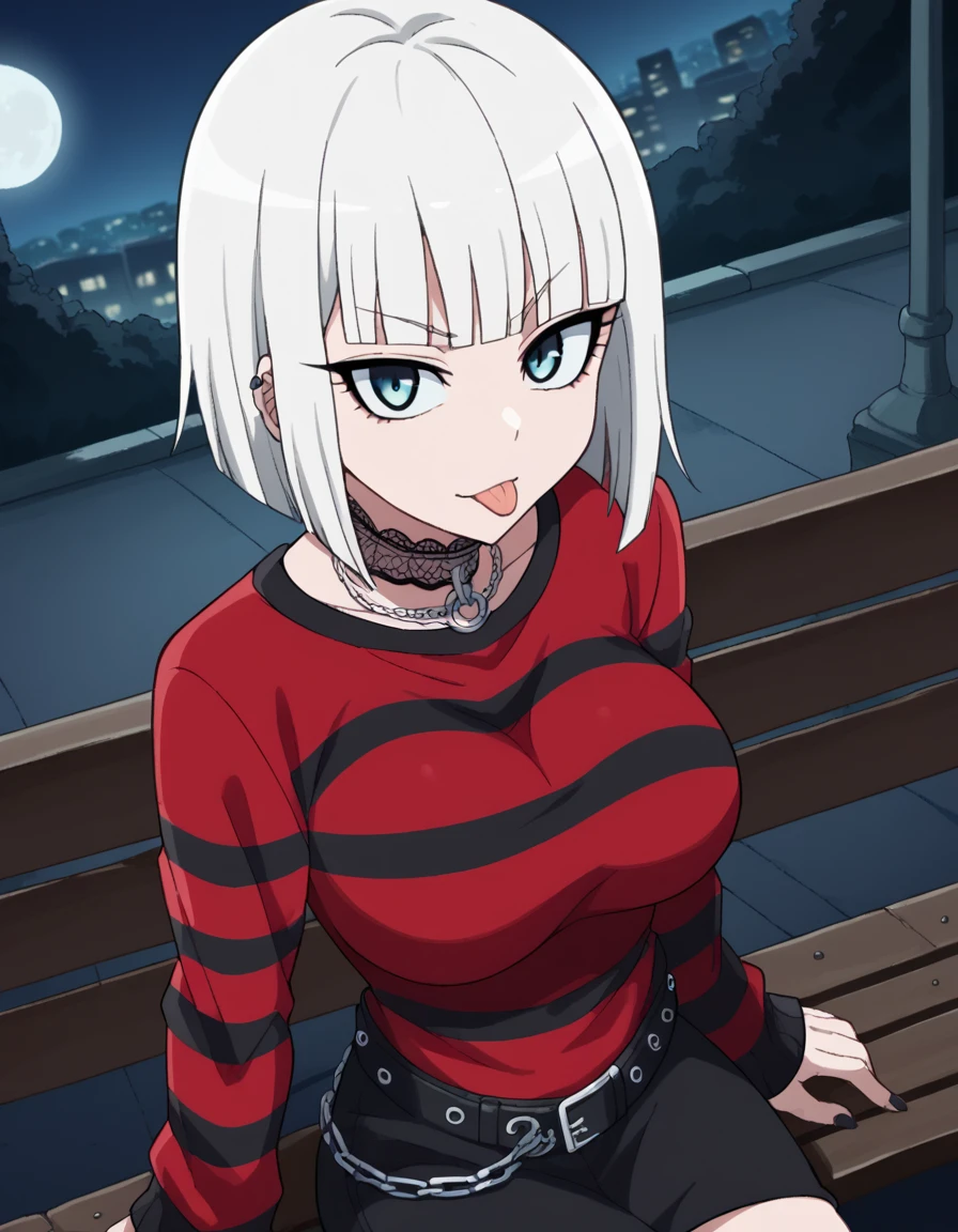 score_9, score_8_up, score_7_up, source_anime, <lora:gina-boyd-s1-ponyxl-lora-nochekaiser:1>, gina boyd, short hair, bangs, blue eyes, white hair, blunt bangs, bob cut, large breasts,, <lora:emo-fashion-ponyxl-lora-nochekaiser:1>, emo fashion, torn sweater, two-tone sweater, sweater under shirt, striped sweater, lace-trimmed choker, belt chain, red sweater, black sweater, goth fashion, street, night, moon, sitting, bench, from above, tongue out,, , cowboy shot, dutch angle,