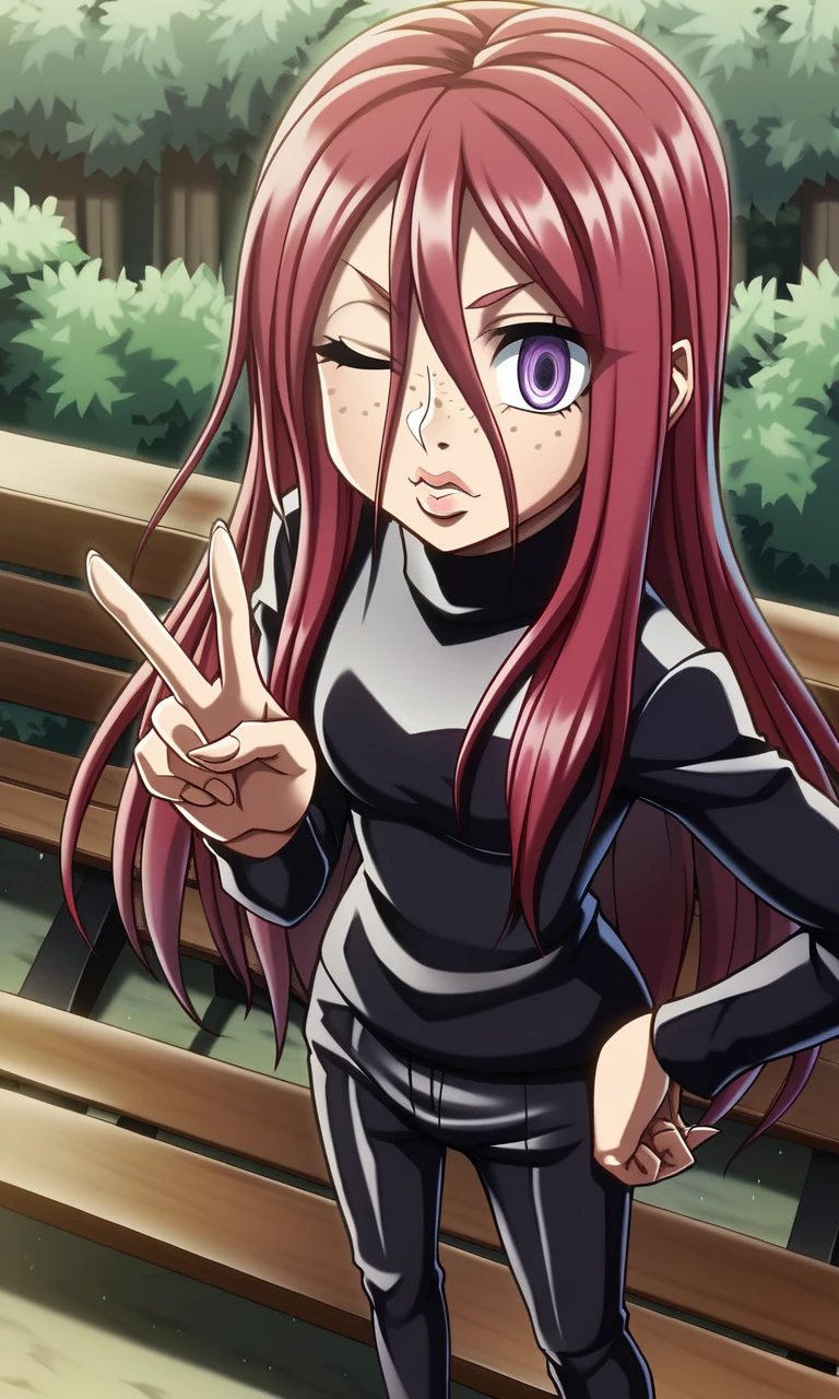 anime_coloring,score_9,score_8_up,BREAK, Kite ,perfect eyes, solo,hand_on_hip,full_body,looking_at_viewer,hair_between_eyes,1girl,black_pants,purple_eyes, standing,turtleneck,wide-eyed,red_hair,long_sleeves,shoes,black_shirt,very_long_hair,freckles,closed_mouth,lips,one eye closed, pose , holding up peace sign, v, in front of bench, park background