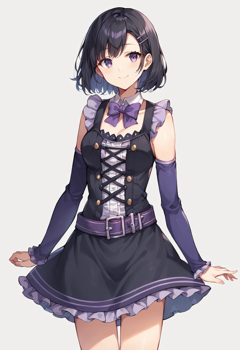 white_background,simple_background,score_9,score_8_up,score_7_up,source_anime,masterpiece,best quality,1girl,solo,little_girl,cowboy_shot,looking_at_viewer,<lora:chuchucloSB69>,chuchu_clo,dress,purple detached sleeves,purple frills,bowtie,belt,purple bow,short hair,standing,black hair,smile,cleavage,