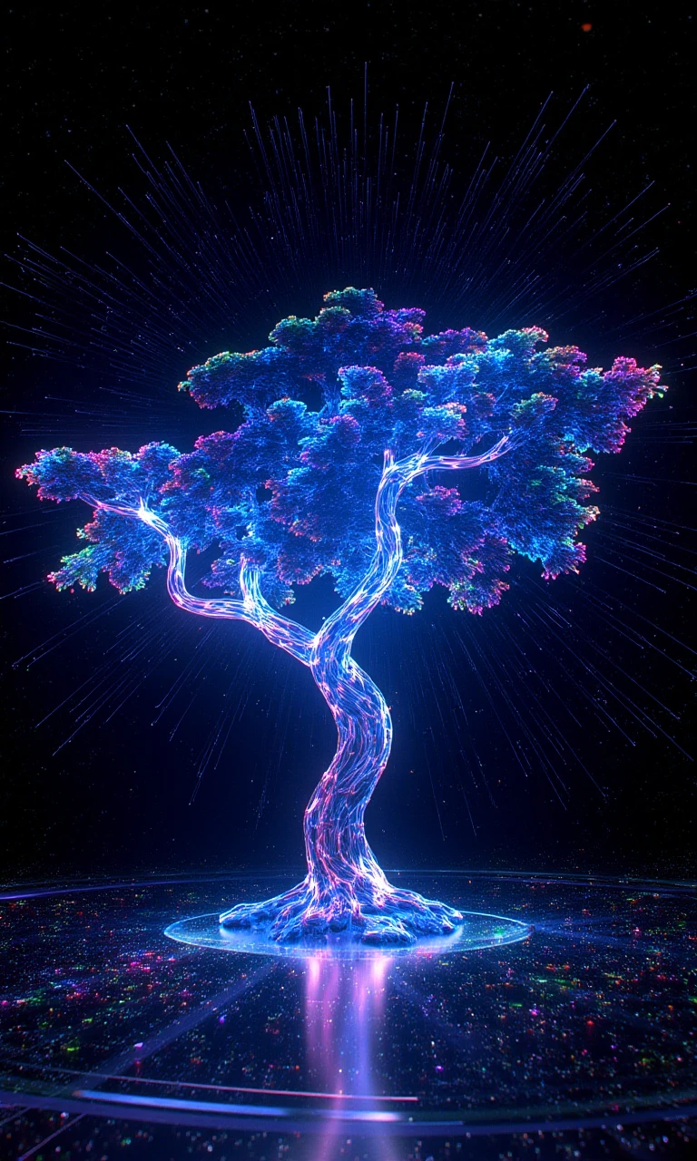 Holographic glowing tree, surrealism, perfect mix of styles, amazing depth, iridescent complementary colors, dramatic flickering backlighting, sophisticated minimalism, many lines crossing <lora:flux.1_lora_flyway_holographic.safetensors:1.5:1.5>