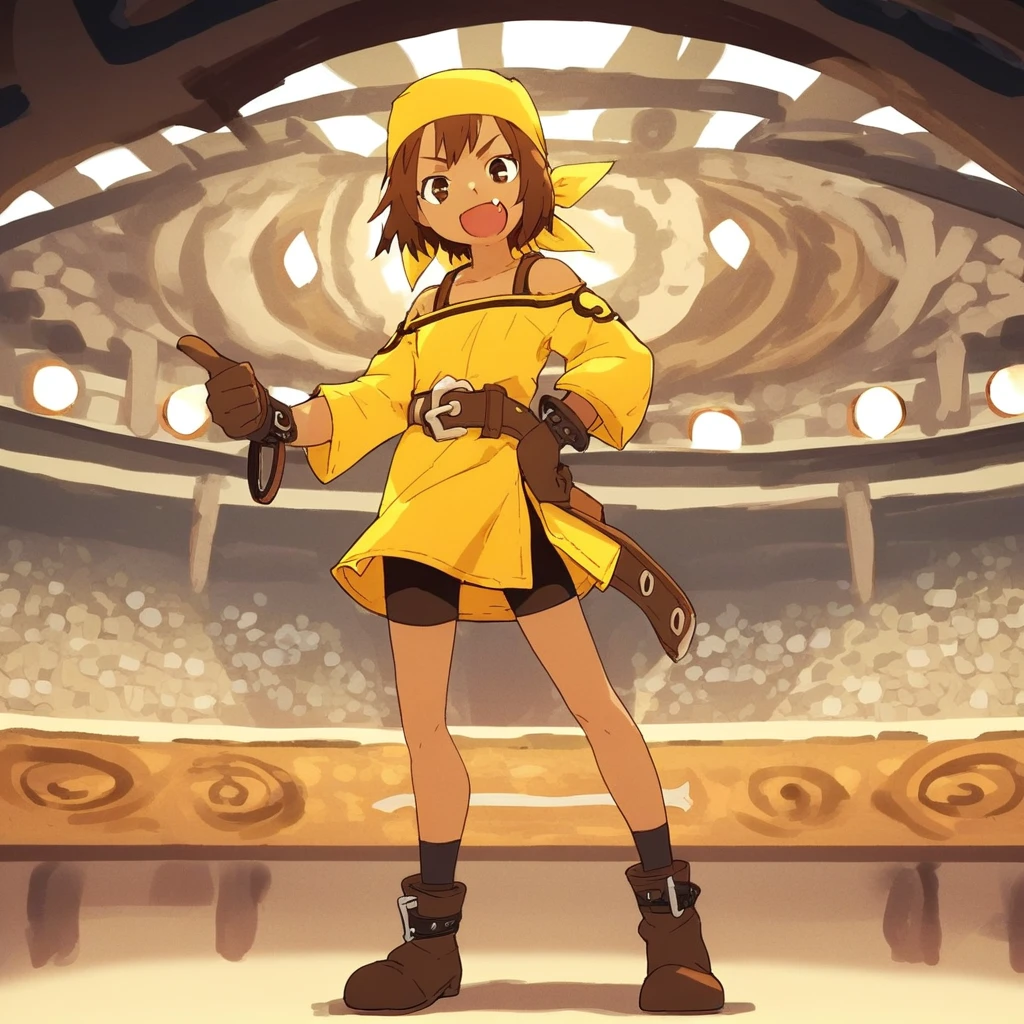 score_8, score_8_up, score_7_up, anime screenshot, source_anime, 1girl, female focus, solo, Razzy_SCS, dark-skinned female, reverse trap, brown hair, short hair, bangs, brown eyes, yellow bandana, bandana, yellow shirt, long shirt, off shoulder, off-shoulder shirt, long sleeves, black tanktop, belt, buckle, bike shorts, shorts under dress, gloves, black socks, brown boots, fold-over boots, ankle boots, full body, standing, looking at viewer, open mouth, fang, indoors, pointing at viewer, hand on hip, Colosseum background