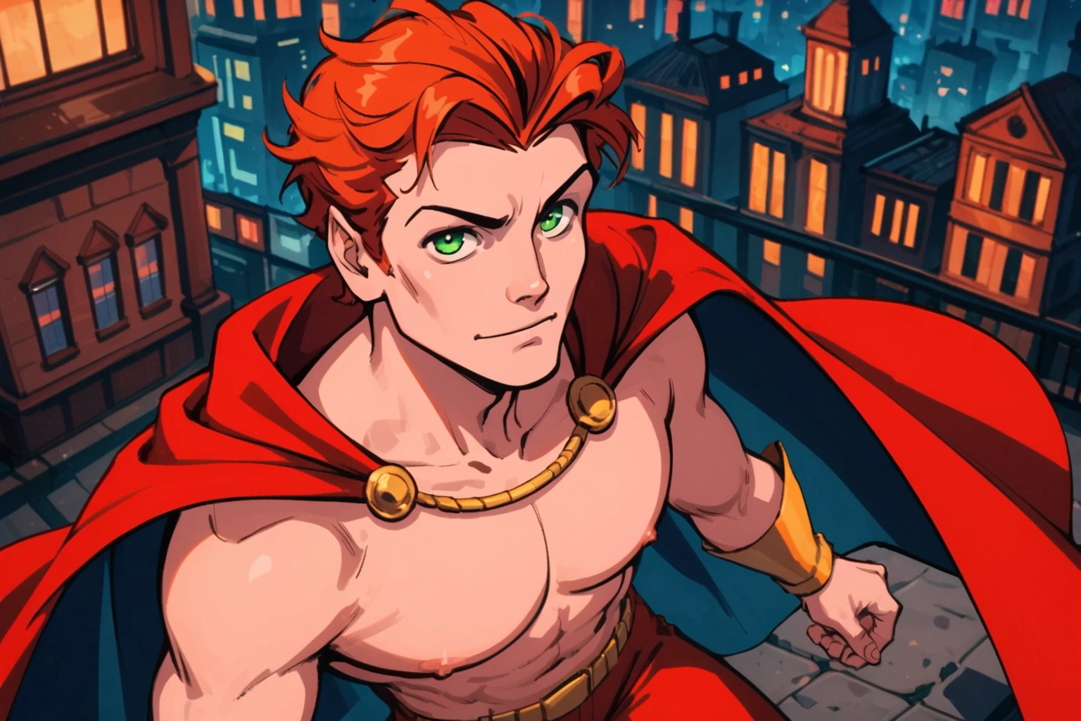 hellstrom, solo male, red hair, green eyes, beautiful face, from above, wearing shirtless costume with red pants, yellow boots, and a cape, city at night <lora:hellstrom:0.7>, (score_9, score_8_up, score_7_up)