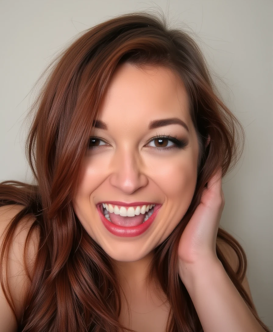 a detailed sexy evil witch with big breasts, big forehead, long flowing detailed red hair, mouth open, perfect teeth, wearing tube top, cleavage, evil laugh, cinematic lighting, hyperrealistic, 8k, highly detailed, photorealistic, masterpiece