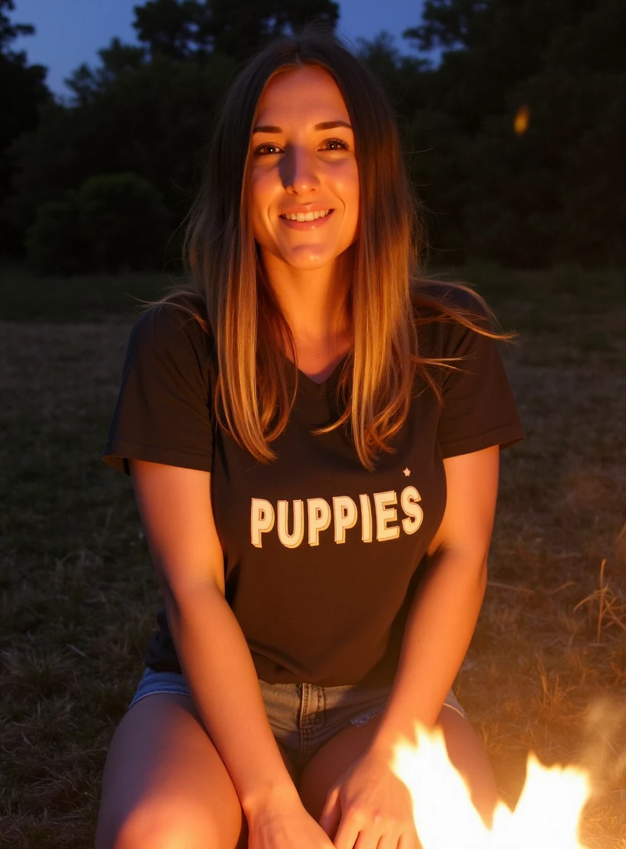 stp00l3, smiling, she is wearing a "PUPPIES" branded tshirt, she is sitting by a campfire