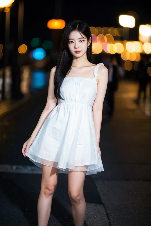 masterpiece, best quality, ultra-detailed, ultra high res, (photorealistic:1.4), raw photo, (realistic:0.2), 8k HDR, realistic lighting, 1girl, solo, (asian:0.2), asymmetrical hair, outdoor, night, (simple background:1.4), bokeh, (detailed lips), (detailed pores), (detailed skin textures), (detailed face:1.2), (full body:1.2), a woman in a sundress, promotional image, a character portrait,