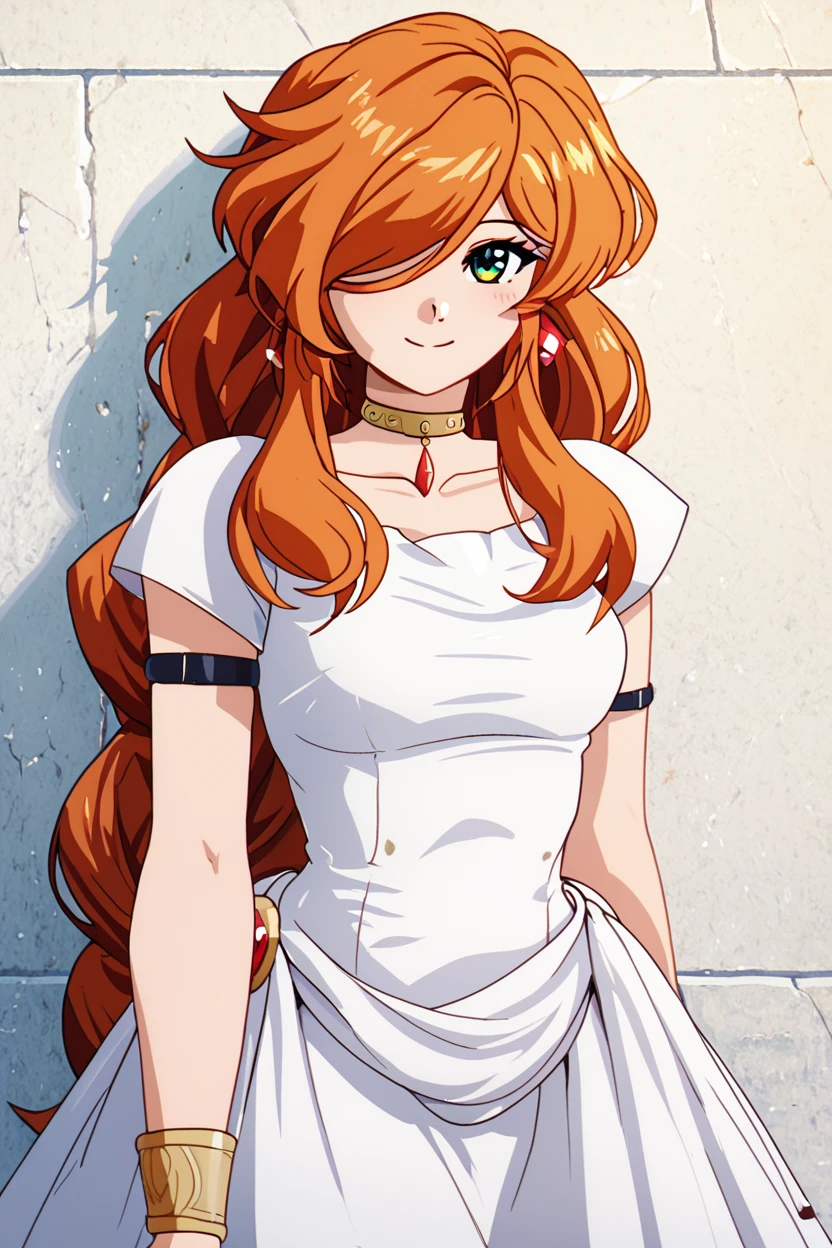 score_9, score_8_up, score_8, medium breasts, (curvy), cute, eyelashes,       BREAK, , zzFlamme, long hair, green eyes, brown hair, orange hair, hair over one eye, earrings, braid, collarbone, armlet, white dress, short sleeves, bracelet, choker, red hair <lora:FlammeFrieren_PDXL_v1:0.8>, BREAK, smile, closed mouth, looking at viewer, cowboy shot, ,,, embedding:zPDXL, Expressiveh, ,,, <lora:Konpeto_PDXL_v3:1.0>, <lora:SDXLFaeTastic2400:0.5>, <lora:Expressive_H-000001:0.4>,