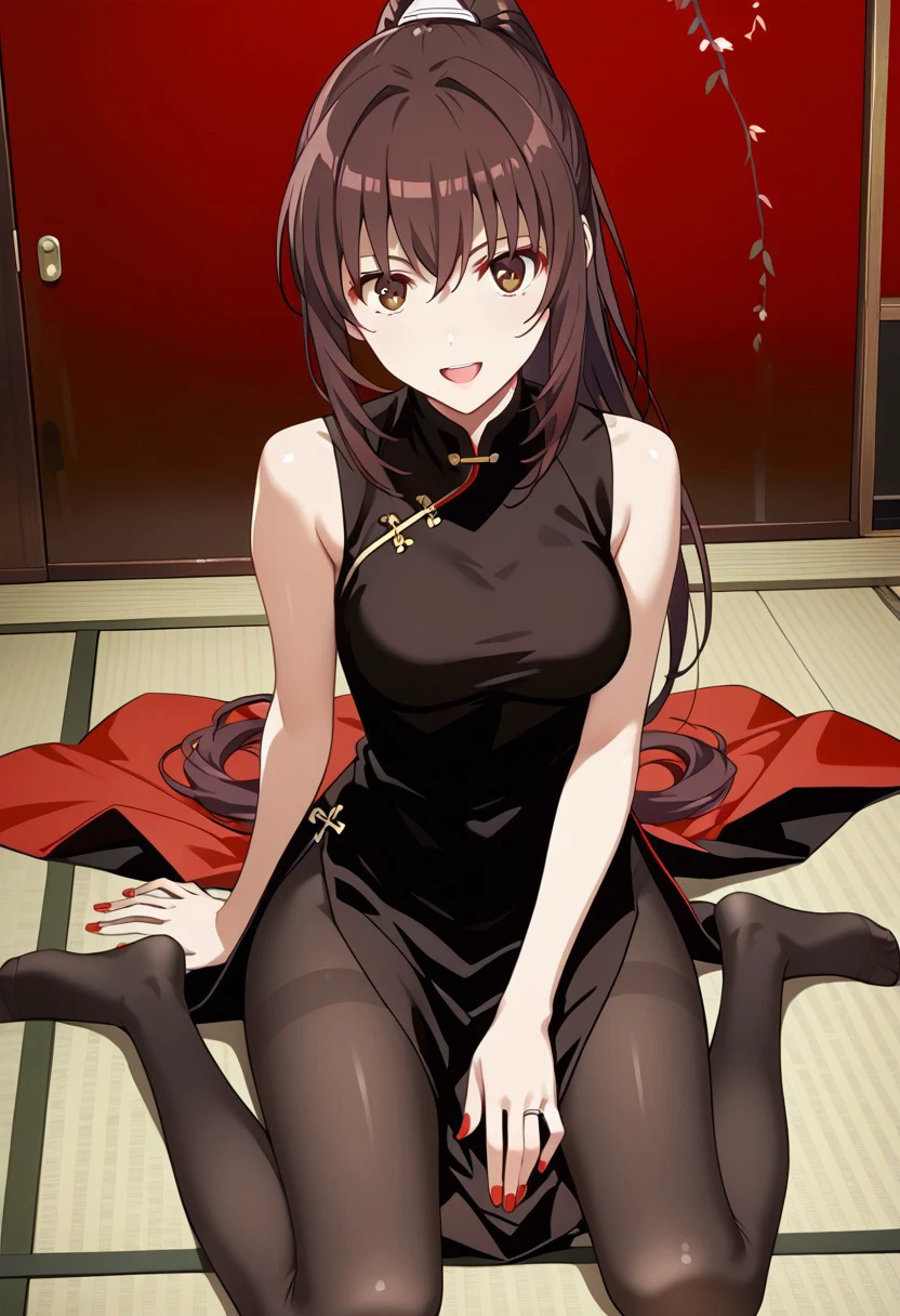 score_9,score_8_up,score_7_up,source_anime,Akane Kosaka,1girl,solo,breasts,looking at viewer,smile,open mouth,dress,bare shoulders,sitting,brown eyes,ponytail,pantyhose,sleeveless,nail polish,black dress,black pantyhose,chinese clothes,no shoes,china dress,tatami,mahjong,mahjong tile,