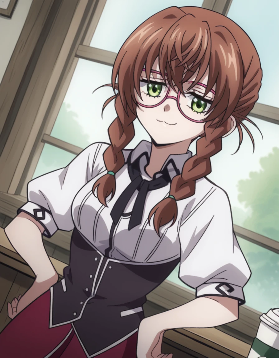 score_9, score_8_up, score_7_up, source_anime, <lora:aika-kiryuu-s2-ponyxl-lora-nochekaiser:1>, aika kiryuu, long hair, brown hair, green eyes, braid, glasses, twin braids, medium breasts, shirt, ribbon, school uniform, white shirt, black ribbon, neck ribbon, capelet, black capelet, long sleeves, skirt, red skirt,, cafe, coffee cup, barista, sitting down, talking, relaxing, sunlight through window, smile, , smug, hands on hips,, solo,, cowboy shot, dutch angle,