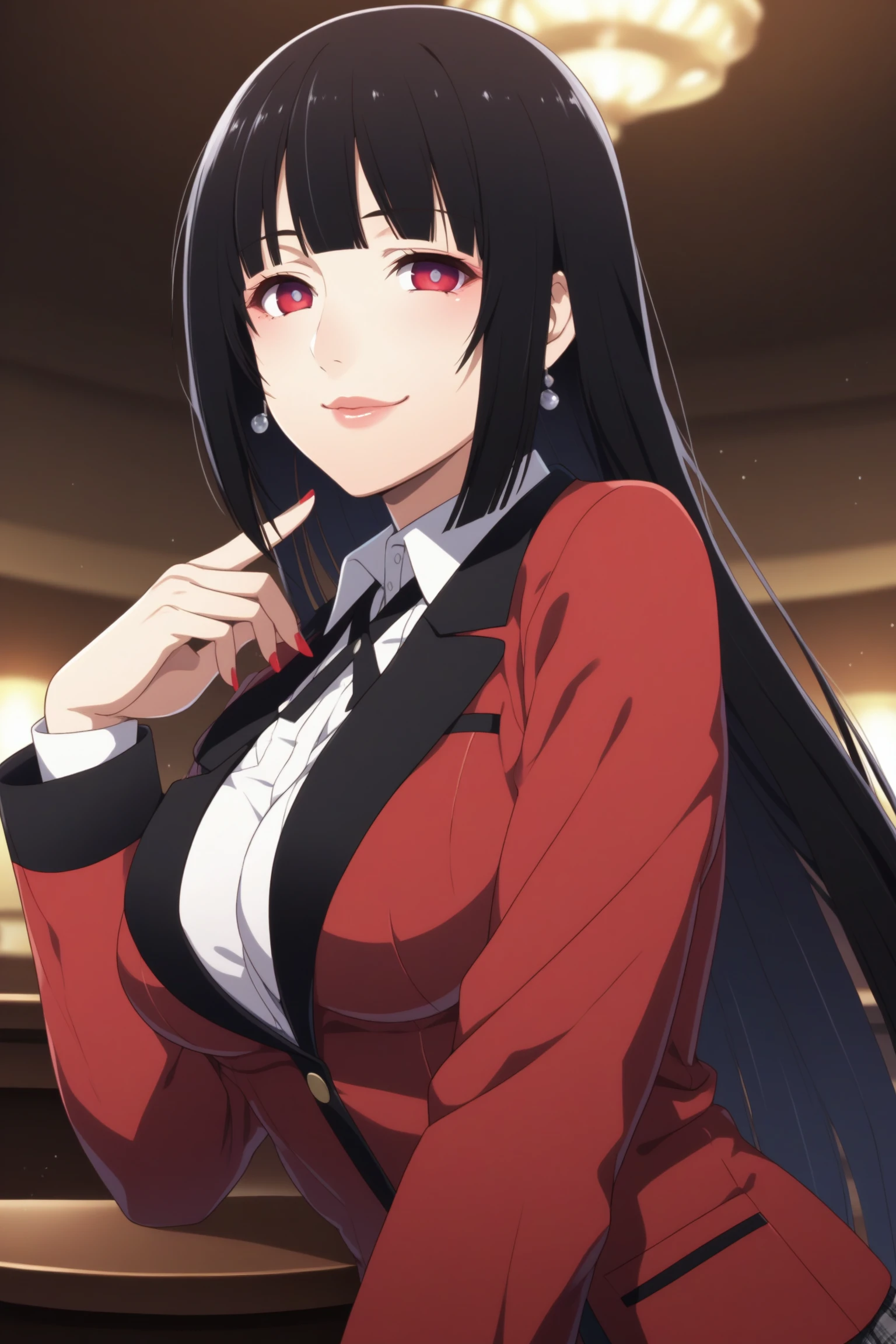 jabami yumeko, long hair, black hair, bangs, himecut, red eyes, hyakkaou academy school uniform, long sleeves, red nails, nail poilsh, blazer, red jacket, suit jacket, white shirt, collared shirt, black neck ribbon, black skirt, plaid skirt, pleated skirt, black pantyhose, loafers, <lora:Yumeko_Jabami:0.8>, score_9, score_8_up, score_7_up, score_6_up, score_5_up, source_anime, rating_safe, medium breasts, indoors, casino, 1girl, solo, looking at viewer, <lora:age_slider_v4:3>, (upper body:1.2)