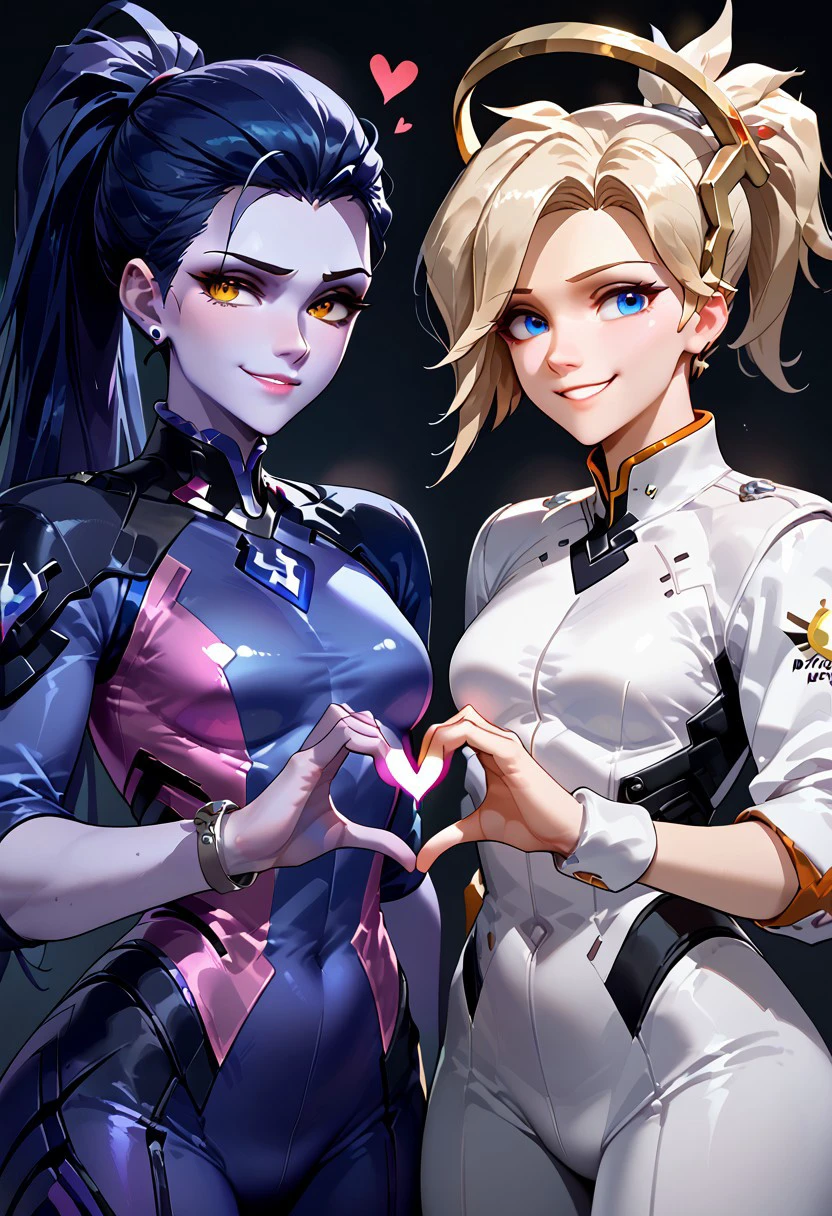 score_9,score_8_up,score_7_up, (masterpiece), best quality, expressive eyes, perfect face, 2 girls, smiling, mercy and Widowmaker, heart hands duo