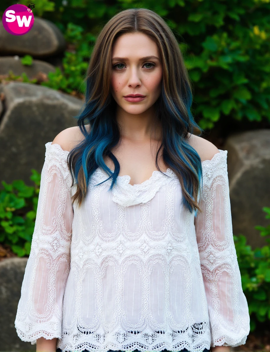 This is a high-resolution photograph of a young woman standing outdoors against a backdrop of green foliage and rocks. She has long, wavy hair that is predominantly blue but also features black and blonde highlights. Her hair cascades over her shoulders and partially covers her face, which is turned slightly towards the camera with a neutral expression. She has fair skin and is wearing a white, long-sleeved lace blouse with intricate patterns and a ruffled neckline, which adds a delicate, feminine touch to her outfit. The blouse appears to be made of a lightweight fabric, possibly cotton or a similar material.
In the background, there are large, rough-textured rocks and dense green foliage, suggesting a natural, possibly coastal or forest setting. The lighting is natural, indicating that the photo was taken outdoors during daylight hours. The overall mood of the image is serene and slightly ethereal, enhanced by the soft focus on the background and the woman's serene expression. The logo in the top left corner indicates the image is associated with the SuicideGirls brand, known for featuring alternative pin-up models. The logo includes the text "SW" in pink and purple, with a stylized image of a woman's face.,Elizabeth Olsen,<lora:Elizabeth Olsen_Flux_V1:1>