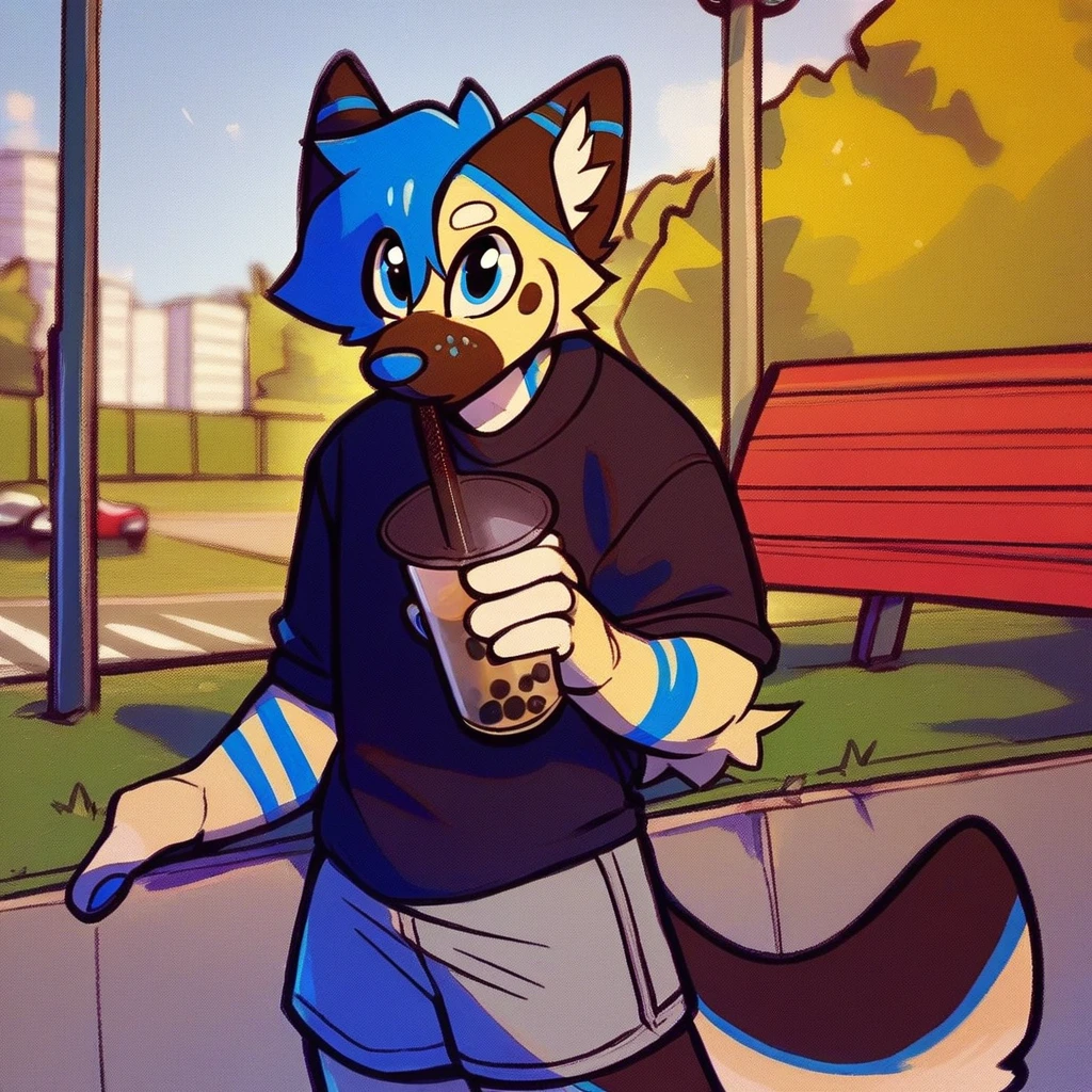 score_9_up, score_8_up, score_7_up, source_furry, mikus-sona, blue eyes, blue hair, cream fur, furry, 1boy, solo, park, holding, bubble tea, black sweater, gray shorts