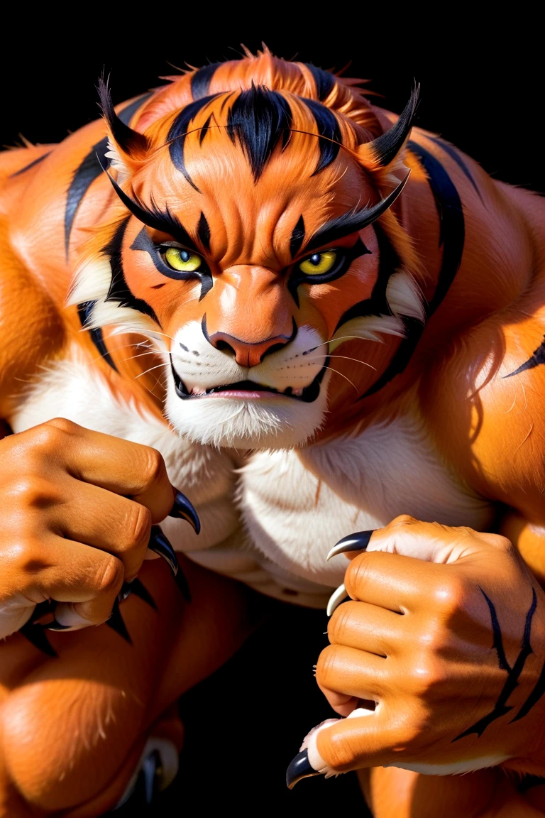 a tiger man, a hybrid creature with the head and fur of a tiger and the body of a human, wears a tiger skin pattern cloak on back and blue and black wrestler pants, running toward camera, red and yellow pattern background, inspired by the fantasy art of Boris Vallejo and Julie Bell, with a low angle view and a vivid color scheme.