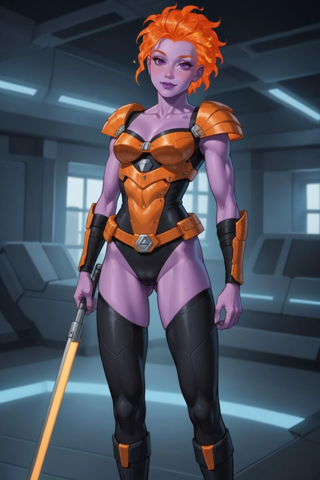 score_9, score_8_up, score_7_up, masterpiece, high quality, highres RAW photo,
solo, mousereboot, 1girl, ((orange hair: 1.8, fiery hair: 1.8)), ((colored skin: 1.8, purple skin: 1.8)), purple lips, breasts, cleavage, shoulder armor, pauldrons, armlet, belt, gloves, boots, armor, weapon on back, <lora:MouseReBoot-000019:0.55>
(slender body, muscular, petite:1.2), tiny waist, sexy, eye contact, sensual, seductive look, sensual, seductive look, happy, smile, smiling, (sexy pose, standing)
((futuristic science fiction)) , in a science fiction facility, indoors