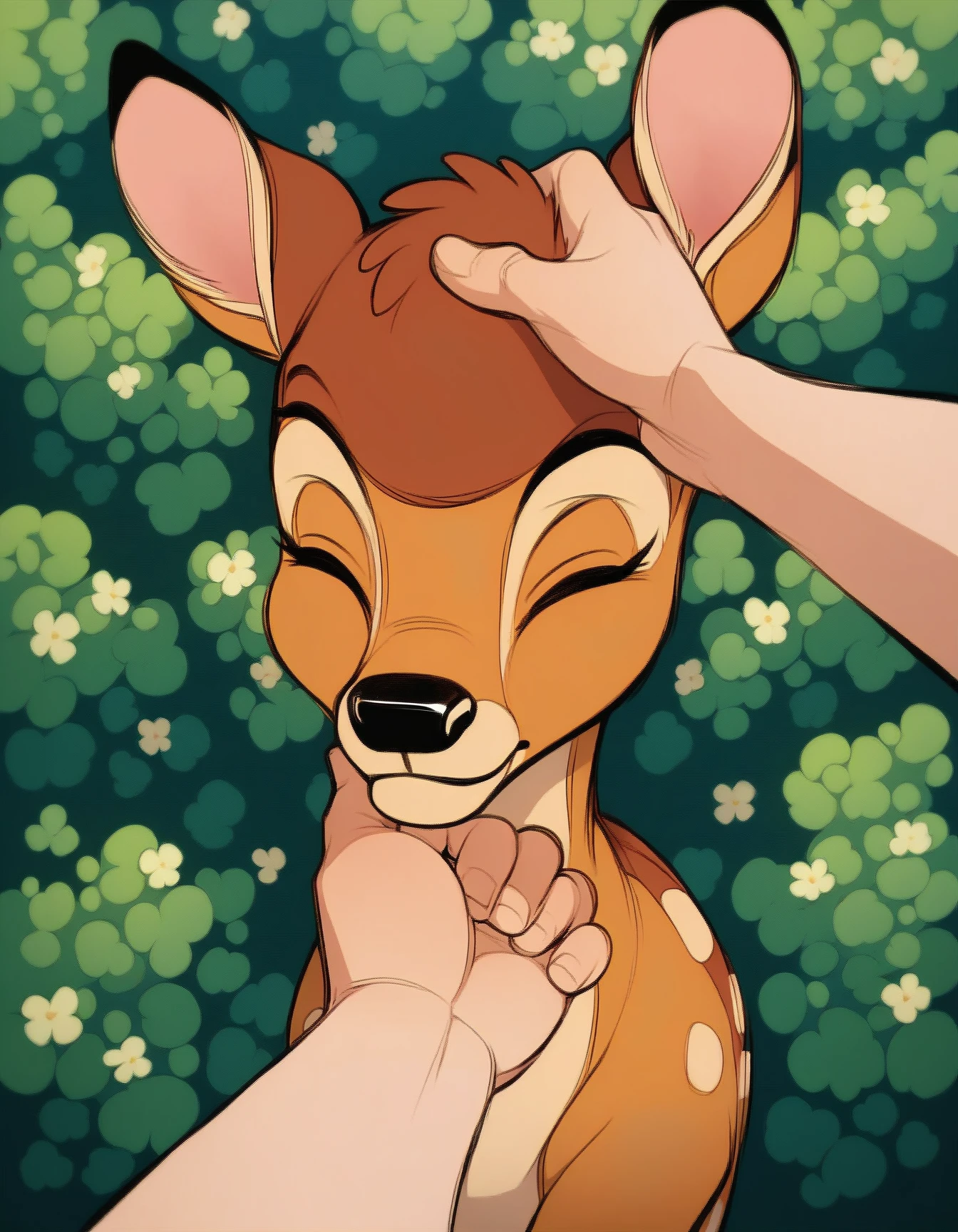 score_9, score_8_up, score_7_up, score_6_up, score_5_up, score_4_up,
Bambi, deer, solo, closed eyes, forest background, headpat, human hand, pov, portrait, close-up, one hand
 <lora:Bambi_XL:0.8>