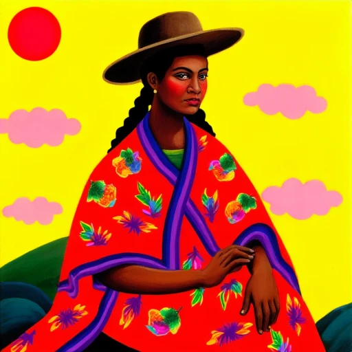 An indigenous dark skinned woman wearing traditional andean red clothes with geometrical patterns  rainbow andean textiles. She is sitting. She has a hat and black hair in braids. The sky is yellow with clouds and a red sun.