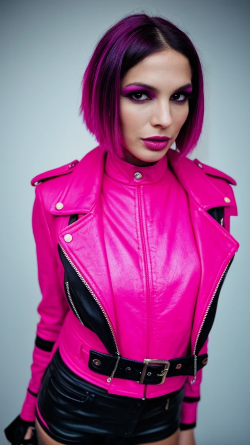 photo of my girlfriend wearing a short black leather jacket and a pink shirt, is wearing emo goth makeup in a portrait shot on a Hasselblad H3D-39, <lora:ariannytenorio_proyect:0.95> (ariannytenorio),