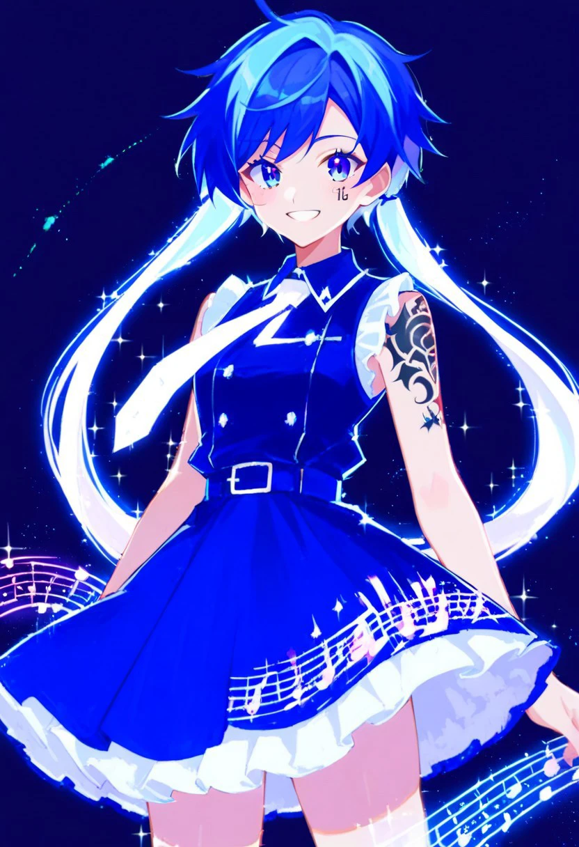 score_9, score_8, score_7, source_anime, ai-generated encore (meme), blue hair, skirt, zettai ryouiki, sleeveless shirt, smile, tattoo, number tattoo, frills, sleeveless dress, white necktie