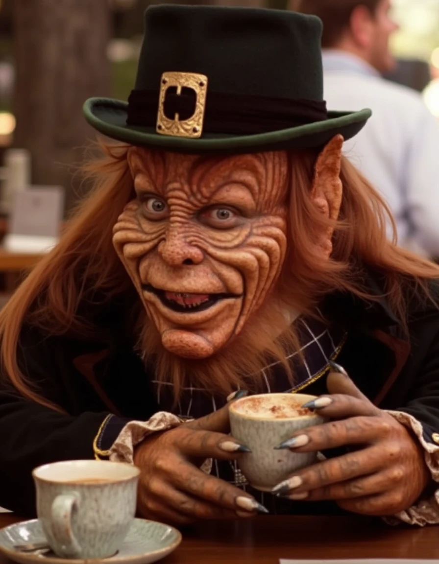 <lora:Leprechaun_Flux-000009:1.8> l3pr3ch@un, very short, long red hair, hat with a buckle,  in a cafe having tea looking at viewer, smiling