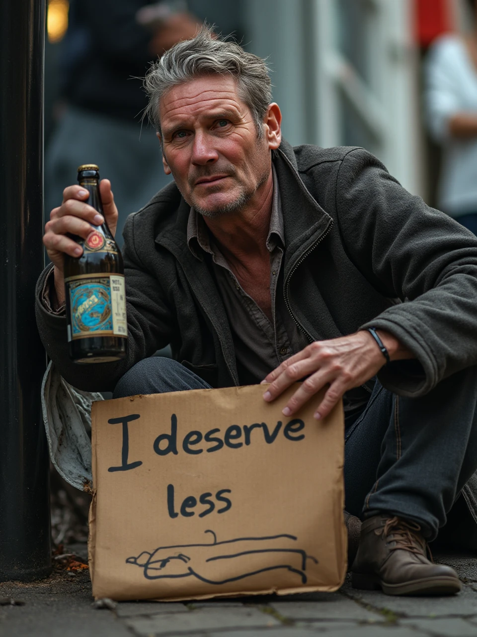 K31R-574RM3R, middle aged man is a dirty filthy looking alcoholic vagrant homeless sleeping on the dirty streets of London, he is holding on for dear life to a large bottle of cheap wine, with "VINO" on the label of the wine bottle, and on the ground in front of him is a cardboard sign with the words "I deserve less" written with a thick black marker pen. The man has not washed in months and is really filthy and dirty looking as well as unkempt <lora:Keir-Starmer_Flux-D_v1:1.1>