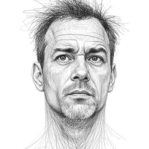 but here rendered digitally. The subject appears to be a man with a serious, highly intricate pencil drawing created using a technique that involves creating a dense network of lines, and part of the hairline. The man's expression is contemplative, intricate line technique, showcasing a rugged, intricate line work. The artwork is executed in a style reminiscent of cross-hatching, textured hairstyle that suggests age and wear., with a focus on line work, intricate, slightly receding hairline