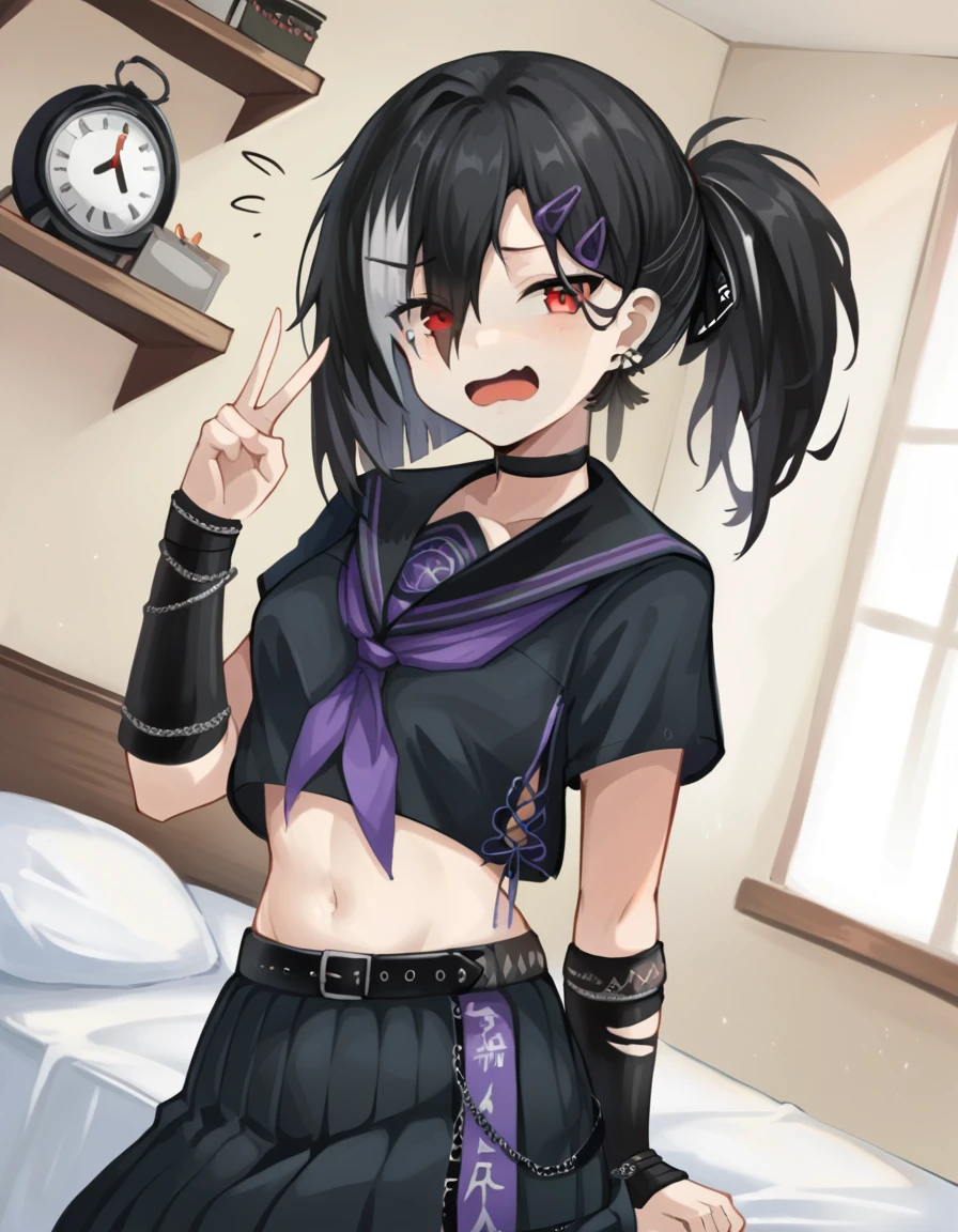 score_9, score_8_superior, score_7_superior, score_6_superior, score_5_superior, score_4_superior, masterpiece, Highest quality, One girl, One boy, Heterosexual, chest, Hello, Black Hair, Long Hair, , gloves, chestを掴む, close your eyes, Grab, Seraphim, Focus Only, large chest, blush, Simple Background, black gloves, Sailor collar, hair ornaments, choker, skirt, Open your mouth, Hair Clip, wing, Grab from behind, black skirt, neckerchief, black choker, bangs, black wing, Gray background, Explore, red neckerchief, black Seraphim, low wing, pleated skirt, black Sailor collar, Put your hands under your clothes, Long sleeve, Sweat, abdomen, Crop top, flying Sweatdrops, smile, belly button, very Long Hair, shirt