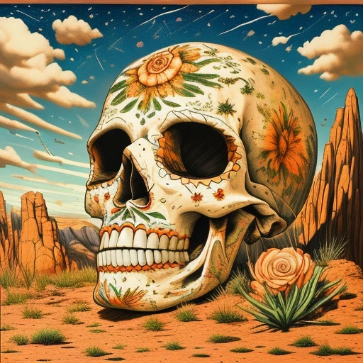 ArsMJStyle, Vibrant Calavera, The image is a digital illustration of a skull in a desert-like landscape. The skull is in the center of the image with its head facing towards the left side of the frame. It is decorated with colorful flowers and patterns in shades of pink orange yellow and green. The flowers are arranged in a symmetrical pattern around the skull's face with some overlapping each other. The background is a deep blue sky with white clouds and there are mountains in the distance. The ground is covered in small rocks and shrubs and the overall color palette is vibrant and colorful. The overall mood of the illustration is surreal and dreamlike., flower, sky, cloud, no humans, outdoors, pink flower, grass, floral print, star (sky), rock