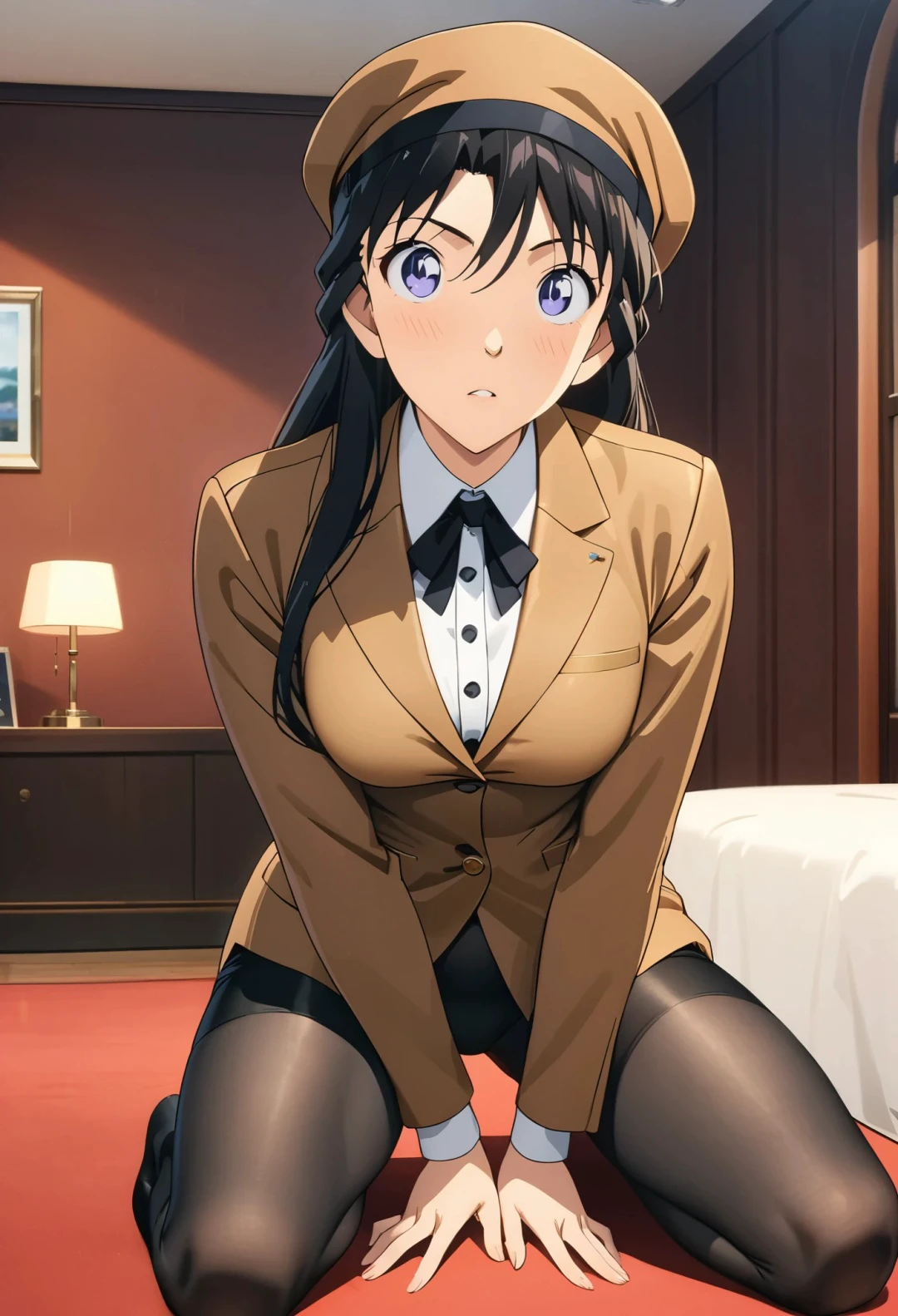 (Black stockings, Brown jacket, Lady hat：1.3），Handsome girl， full body，Perfect body, black hair, long hair, （anime, , UHD, masterpiece, accurate, anatomically correct, super detail, textured skin, high details, high quality, award winning, best quality, highres, 8k：1.3）
