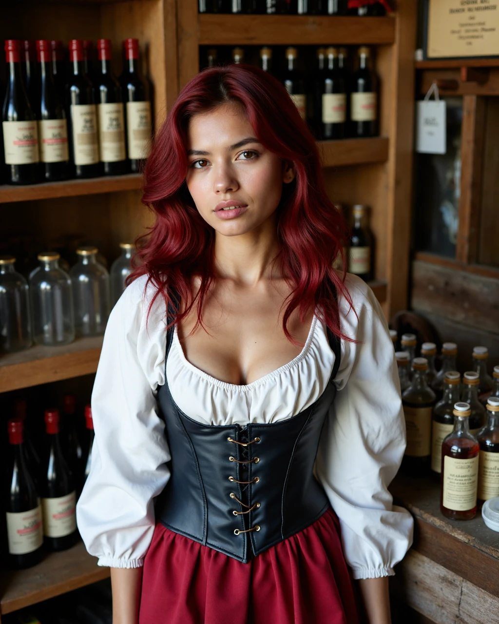 beautiful 18 year old woman, female merchant, corset, white ruffled shirt, medieval, in her shop, a few potions on front counter, blue, red, from above, Ethiopian facial features, lustrous red hair, soft feminine body, petite body, slim waist, ultra fine body hair, intricately detailed eyes, mouth closed, 18 years old, natural lighting, narrow hips, slim petite body, fit body, natural breasts, detailed hands, real skin, textured skin, intricately detailed eyes, high contrast, subsurface scattering