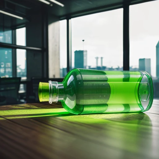 neon-green colored transparent lying down bottle on the table in an office, cyberpunk art style, <lora:EmptyGlassBottleConcept:0.7>