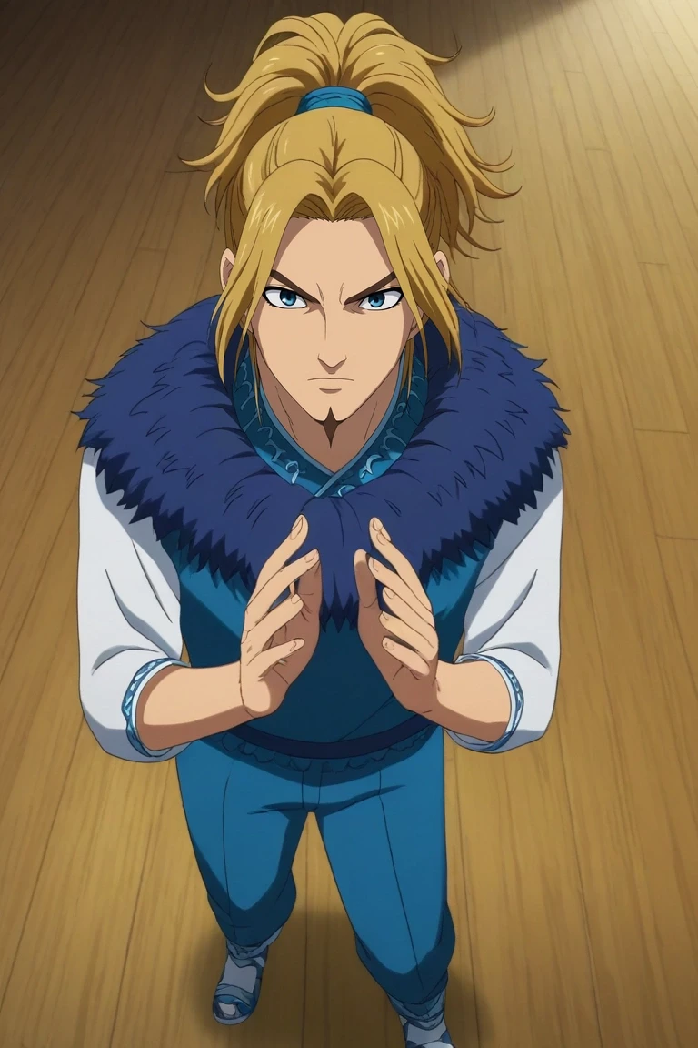 score_9, score_8_up, score_7_up, , rating_safe, intricate details, anime screencap, anime coloring, official style, , , 1boy, solo, male focus, <lora:li_mu_pony:0.78>, li_mu, blonde hair, blue eyes, long hair, ponytail, facial hair, goatee, aged down, from above, full body, corridor, day, (dynamic pose:1.2), giggling, , <lora:sdxl_lightning_8step_lora:1>