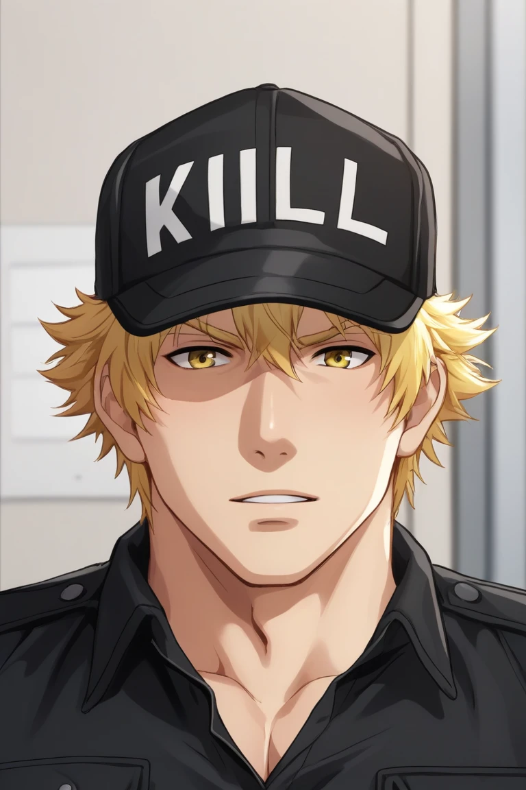 anime coloring, 1man, solo, male focus, KillerTCell, blonde hair, yellow eyes, black military uniform, black belt, pants, cap, office background, close up, portrait