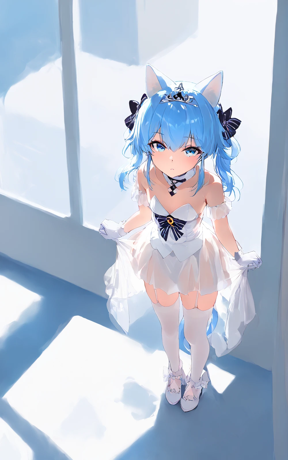 score_9,score_8_up,score_7_up,,source_anime BREAK, 1girl, solo,, s1_dram, from above, on country,    Suzunami, Suzunami \\\(Azur Lane\\\), , 1girl, manjuu \(azur lane\), animal ears, official alternate costume, white gloves, tail, blue hair, blue eyes, white thighhighs, cat ears, garter straps, white dress, looking at viewer, bare shoulders, strapless, twintails, white footwear, cat tail,tiara,  <lora:S1_Dramatic_Lighting_v2:0.8>,<lora:Suzunami:1>,<lora:incase-ilff-v3-4:1>