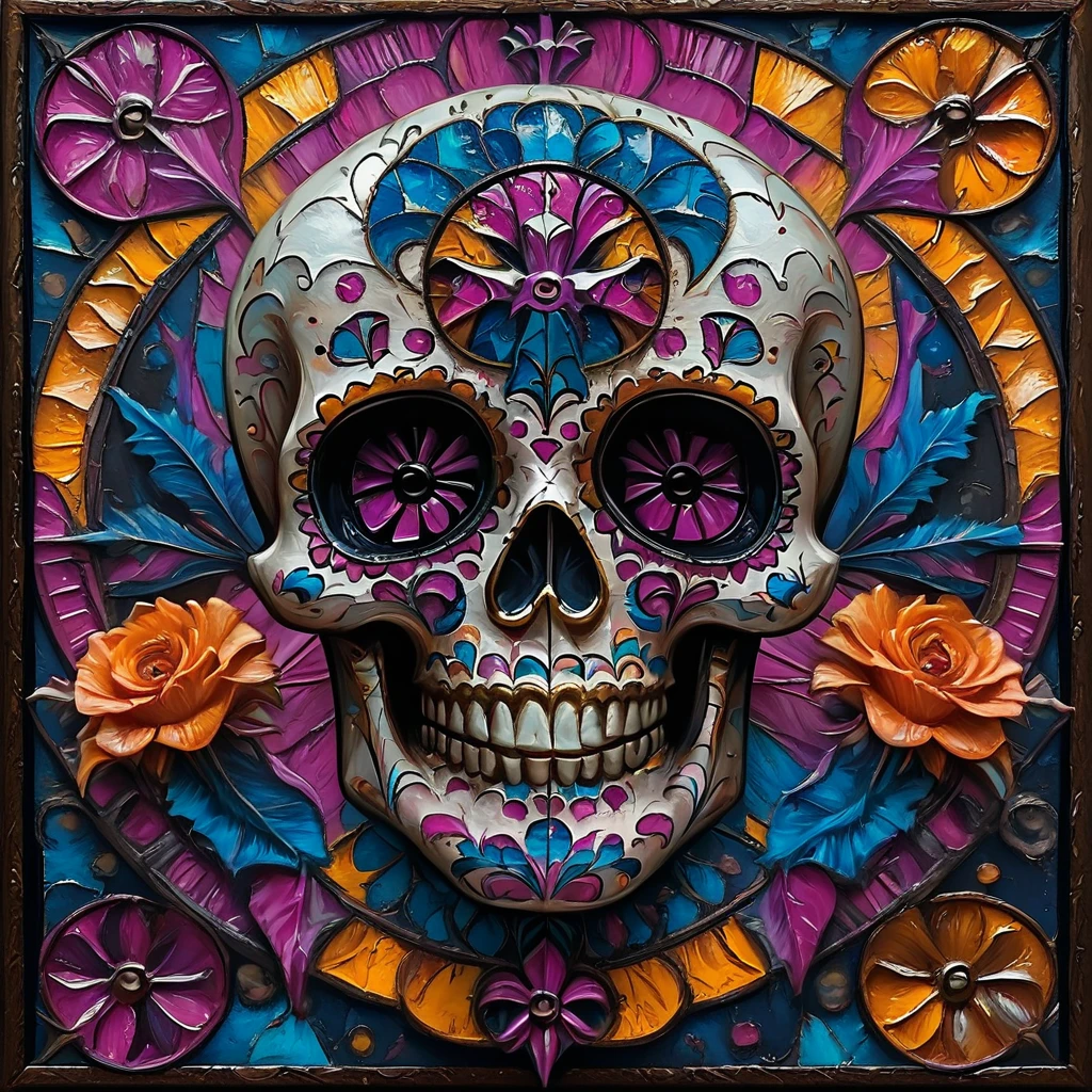 core_9, score_8_up, score_7_up, score_6_up, <lora:Vibrant_CalaveraPony:1> ArsMJStyle, Vibrant Calavera, The image is a square-shaped painting of a skull in the center of a circular frame. The skull is white with intricate patterns and designs on its face and upper body. It has two large pink and purple flowers on its forehead and two smaller pink and orange flowers on either side of its eyes. The background is made up of different shades of blue orange and yellow creating a mosaic-like effect. The frame is made of a dark blue material with a gold border. The overall style of the painting is reminiscent of the Day of the Dead or Mexican holiday., no humans, stained glass, teeth, traditional media, solo, grin