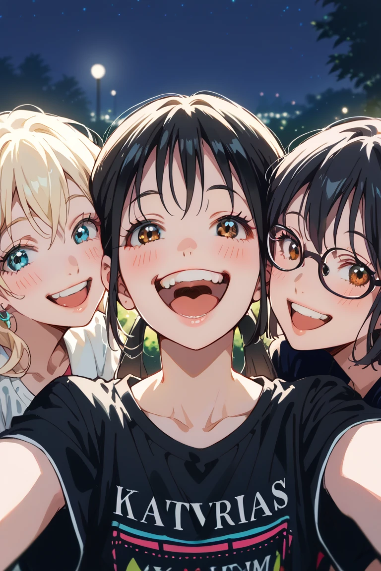 score_9, score_8_up, score_7_up, source_anime, rating_safe, night, natural lighting, triad focus, selfie, AsobiAsobase, KasumiAA, black_Kasumi_short hair, smiling, 1stgirl, OliviaAA, blonde_Olivia_woman hair, teeth, 2ndgirl, HanakoAA, black_Hanako_female hair, open mouth, 3rdgirl, happy, 3girls, intricately detailed illustration,