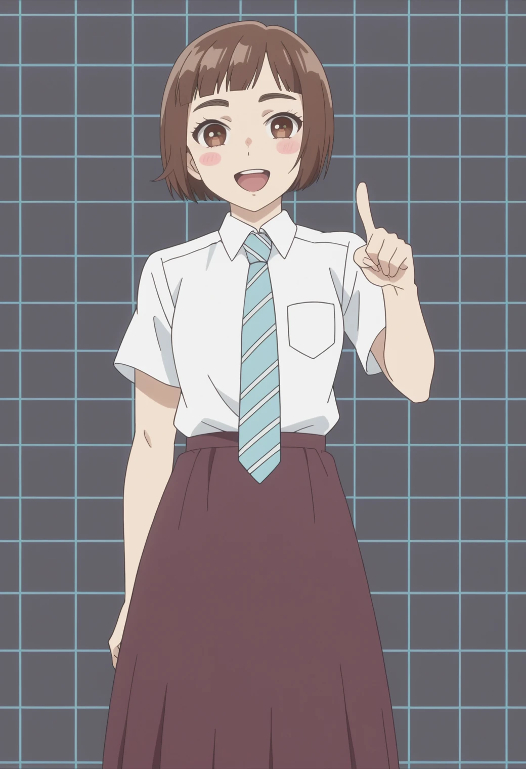 score_9, score_8_up, score_7_up, anime screencap, BREAK, 1girl, solo <lora:DX888Kazusa:1> onodera kazusa, brown eyes, brown hair, thick eyebrows, bob cut, micro bangs, school uniform, long skirt,  necktie, BREAK
 awed , blush stickers,  happy aura,  sparkling eyes,  open mouth,, dark gray background, simple background, grid background,,  Standing with one arm raised pointing in the distance