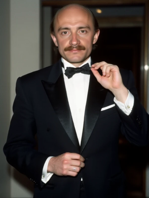 Jean-Claude DUSSE, he wears tuxedo and pose like a james bond poster. The title says 'Jean-Claude DUSSE"<lora:Jean-Claude_DUSSE:0.9>