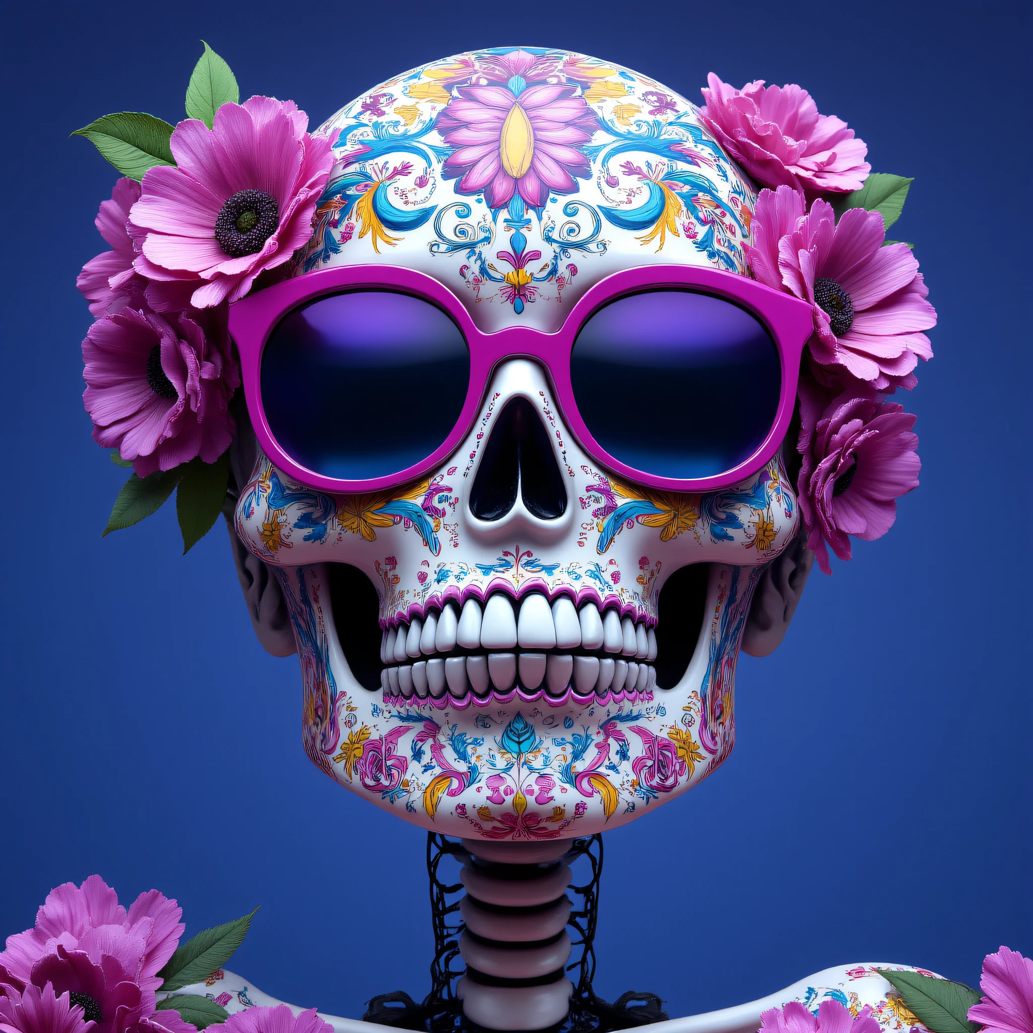 ArsMJStyle, Vibrant Calavera, The image is a digital art piece that features a skull with a pair of pink sunglasses on its head. The skull is decorated with intricate patterns and designs in a variety of colors including pink blue yellow and green. The sunglasses have a round frame and are surrounded by pink and purple flowers. The background is a deep blue color and the skull is standing on a wire-like structure. The overall style of the image is reminiscent of the Day of the Dead or Dia de los Muertos celebration., flower, no humans, teeth, blue background, colorful, purple flower, pink flower, solo