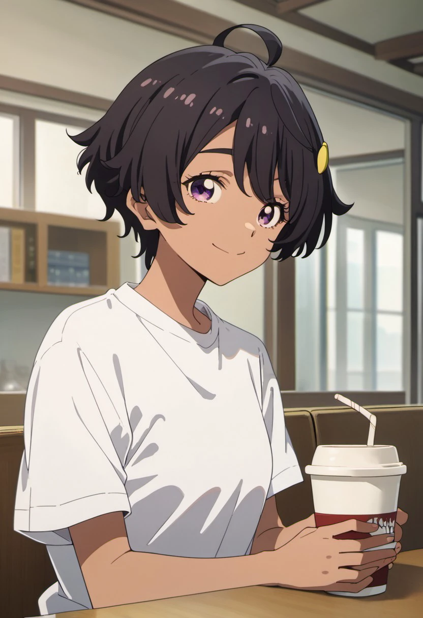 score_9, score_8_up, score_7_up, source_anime,yakishio remon, black hair, short hair, purple eyes, dark skin, dark-skinned female, solo, smile, shirt, looking at viewer, indoors, white shirt, 1girl, hair ornament, ahoge, short sleeves, cup