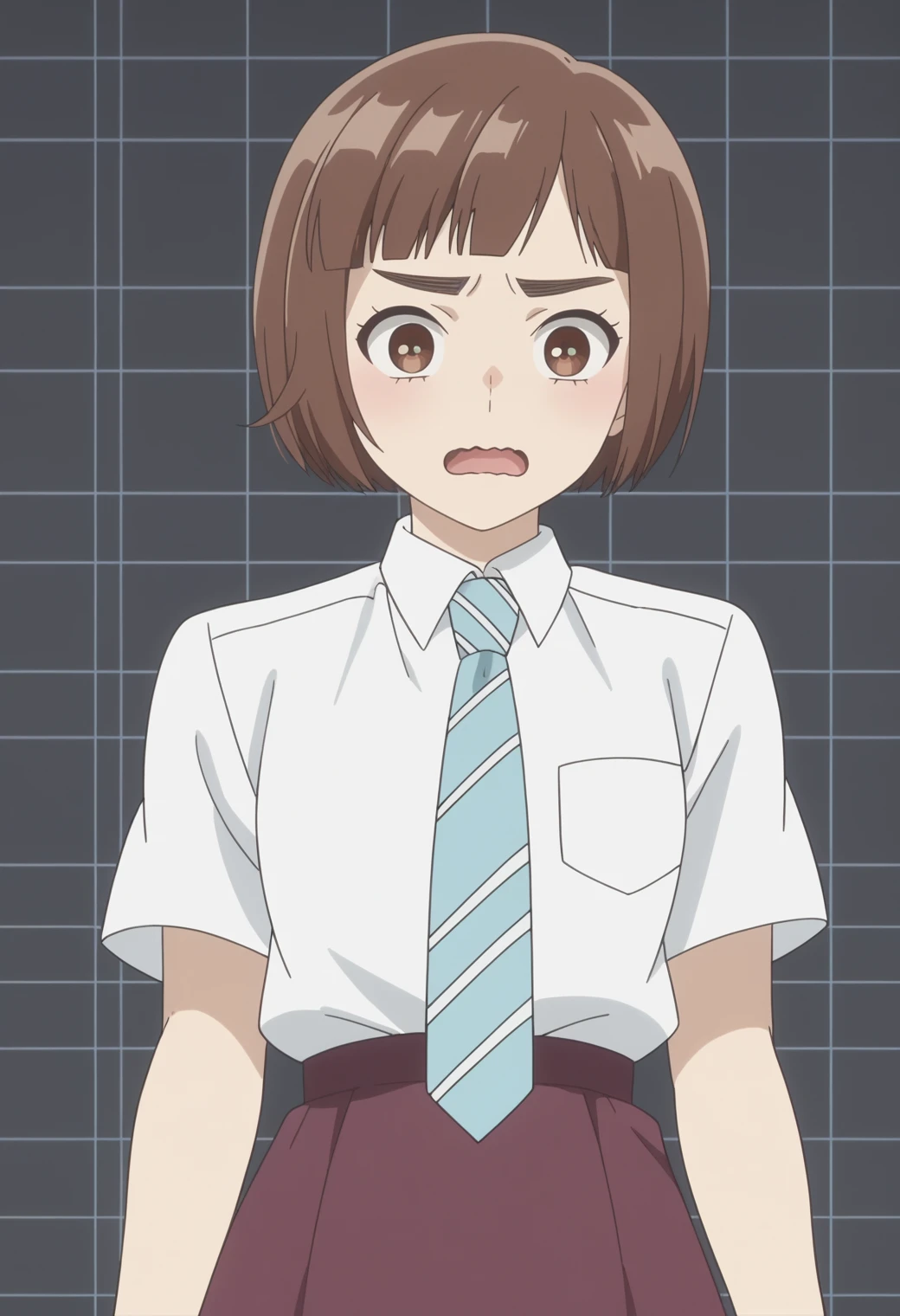 score_9, score_8_up, score_7_up, anime screencap, BREAK, 1girl, solo <lora:DX888Kazusa:1> onodera kazusa, brown eyes, brown hair, thick eyebrows, bob cut, micro bangs, school uniform, long skirt,  necktie, BREAK
 surprised, wavy mouth, open mouth,  @_@,, dark gray background, simple background, grid background,,  Shrugging, palms up