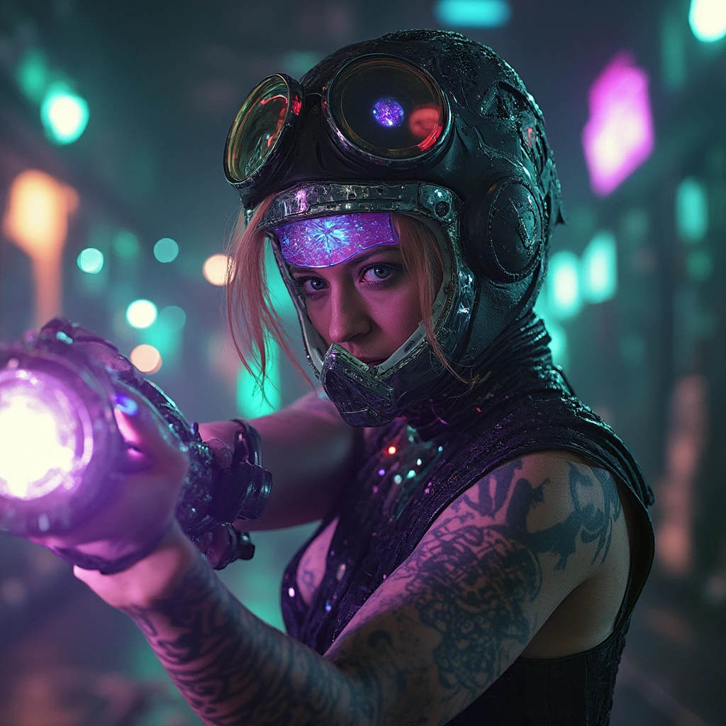 jrryn, cinematic, dramatic lighting, front facing view,  full body shot, a beautiful woman Interstellar bounty hunter with glowing purple tattoos and a holographic visor, Zero-gravity fight: space woman wielding a gravity sword and battling rival cyborgs in a abandoned space station ultra detailed, ultra realistic, ultra detailed colors, 8k, real photography <lora:jeri-ryan:1.2>